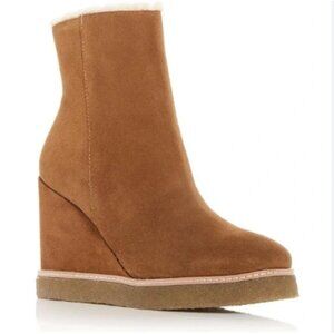 Aqua Suede Ankle Wedge Boots with Faux Shearling Lining-NIB